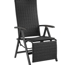 Tuinstoelen-tectake Wicker tuinstoel opklapbaar met aluminium frame en voetsteun, Zwart