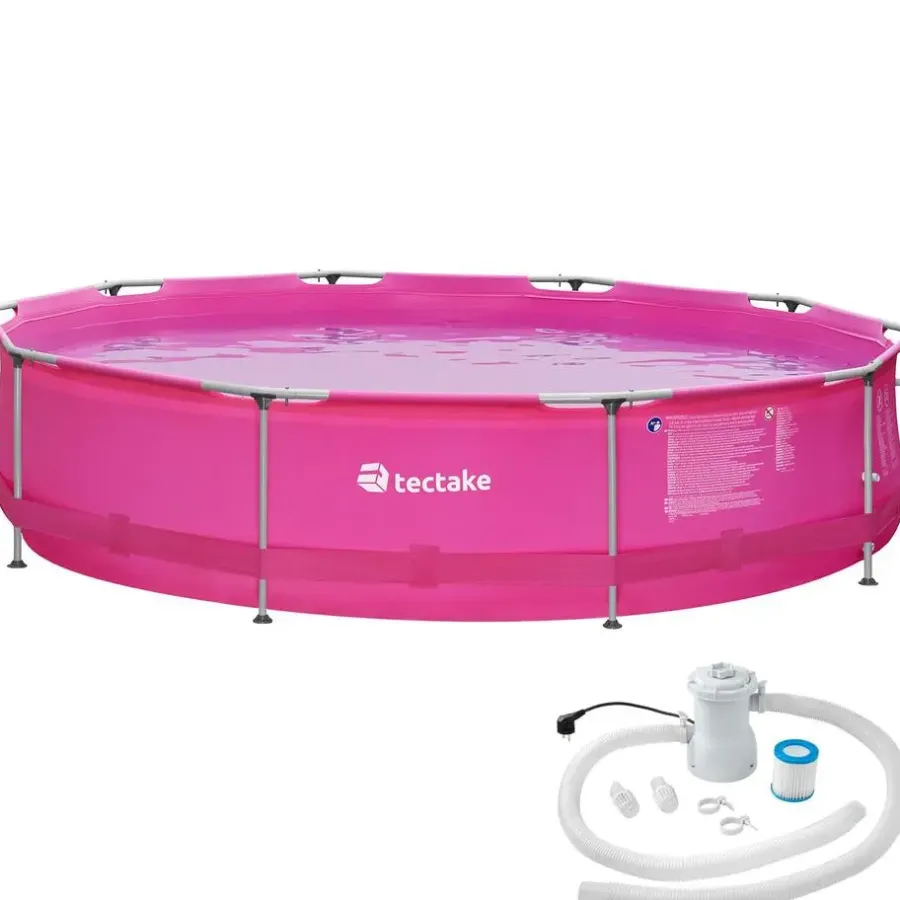 Zwembaden En Accessoires-tectake Zwembad rond met stalen frame en filterpomp Ø 360 x 76 cm, Pink