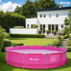 Zwembaden En Accessoires-tectake Zwembad rond met stalen frame en filterpomp Ø 360 x 76 cm, Pink