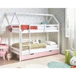 Kinderbedden-Beliani TERNAS - Hoogslaper opberglades - Wit/Roze - 90 x 200 cm - Dennenhout