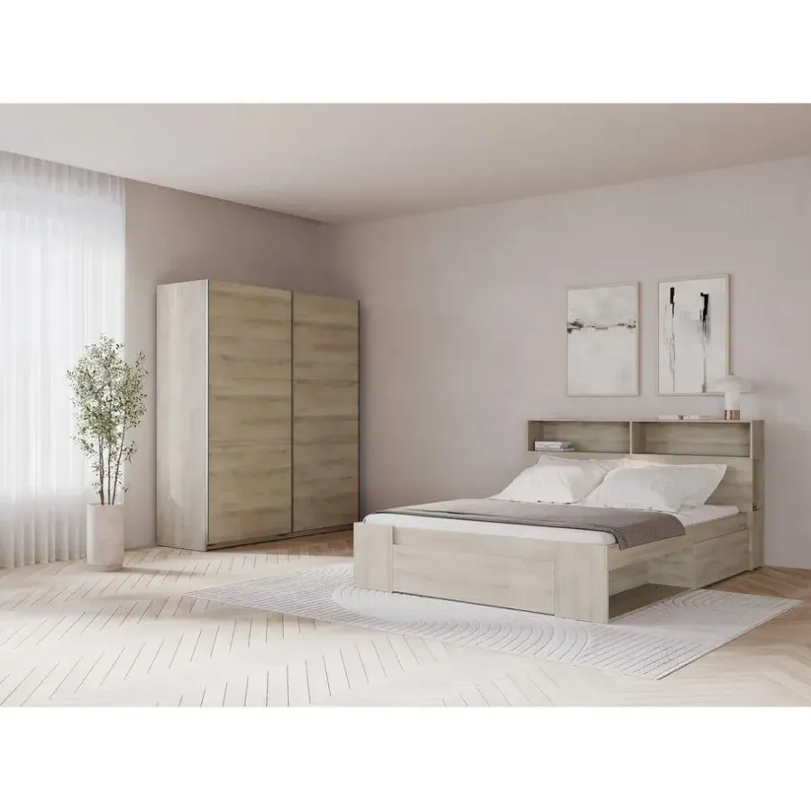 2-Persoons Bedden-CBA Tweepersoonsbed Maksim - 140x190/200cm - met opbergruimte - eikdecor