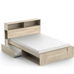 2-Persoons Bedden-CBA Tweepersoonsbed Maksim - 140x190/200cm - met opbergruimte - eikdecor