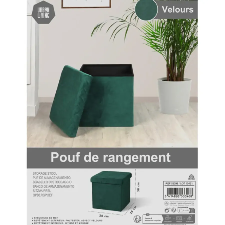 Urban Living poef - hocker - velvet donkergroen - mdf - 38x38 cm