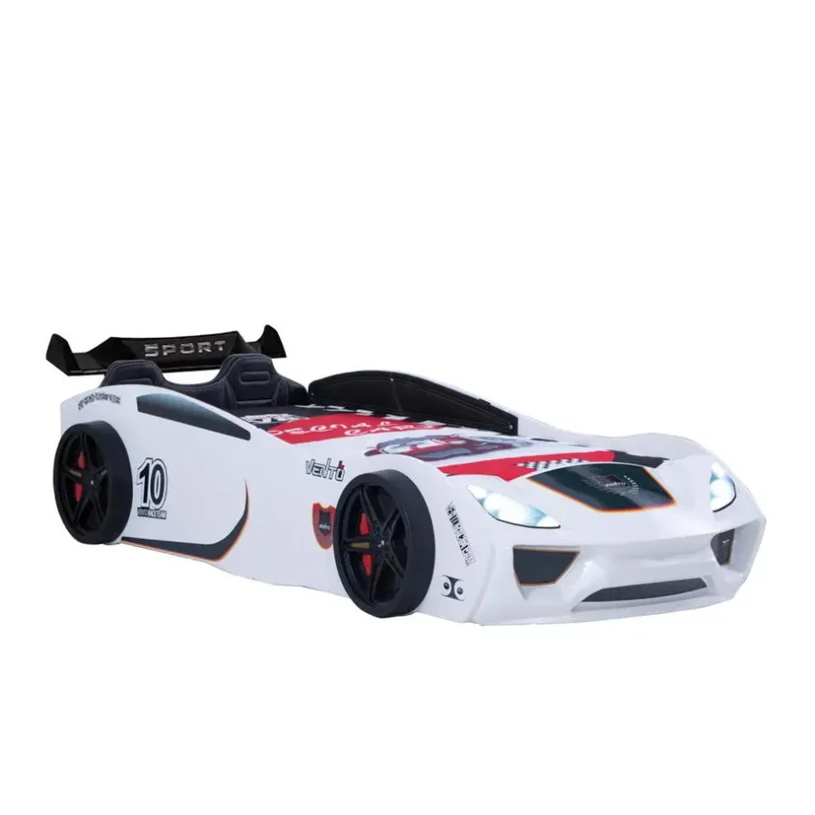 Kinderbedden-Merkloos V2 Sport autobed racebed wit met licht en bekleding