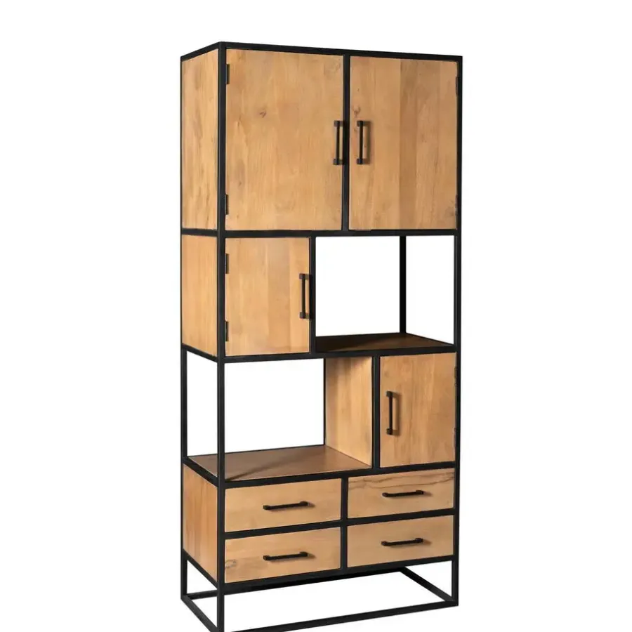 Wandkasten-StarFurn Vakkenkast Naturel Hout/Metaal - 90x45x200cm - Denver
