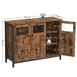 Vasagle Dressoir in industriële stijl met glazen deuren, rustiek bruin en zwart