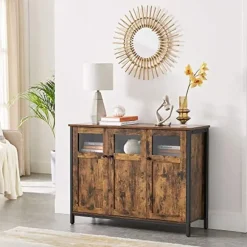 Vasagle Dressoir in industriële stijl met glazen deuren, rustiek bruin en zwart