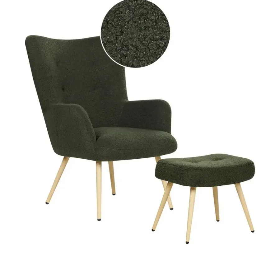 Fauteuils-Beliani VEJLE II - Fauteuil met hocker - Donkergroen - Bouclé