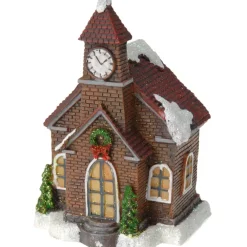 Merkloos Verlicht kerstkerkje - rood dak - polystone - 13 cm