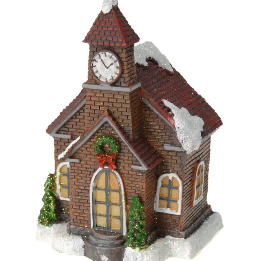 Merkloos Verlicht kerstkerkje - rood dak - polystone - 13 cm