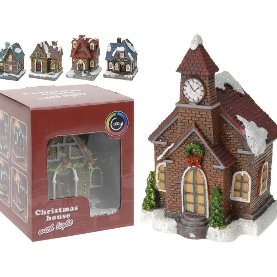 Merkloos Verlicht kerstkerkje - rood dak - polystone - 13 cm