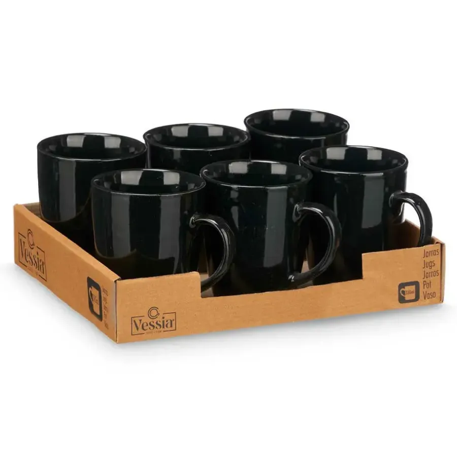 Vessia Design koffie mokken - 6x - zwart - keramiek - 330 ml