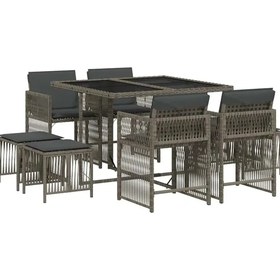 vidaXL - 9 delige Tuinset donkergrijs kussens 4 krukken - PE rattan - 110x106 cm