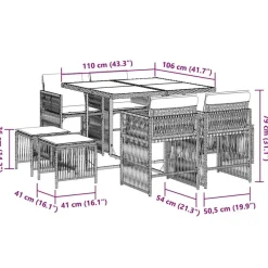 vidaXL - 9 delige Tuinset donkergrijs kussens 4 krukken - PE rattan - 110x106 cm