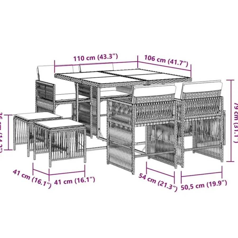vidaXL - 9 delige Tuinset donkergrijs kussens 4 krukken - PE rattan - 110x106 cm