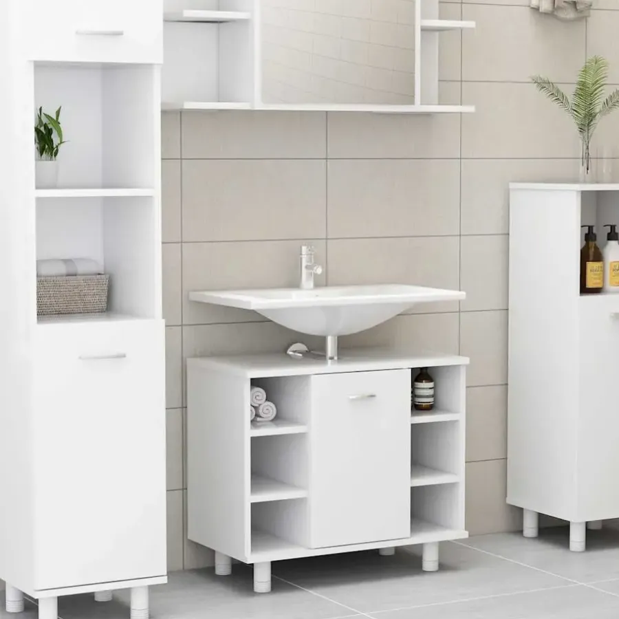 Wastafelkasten-vidaXL - Badkamerkast - Wit - Bewerkt hout