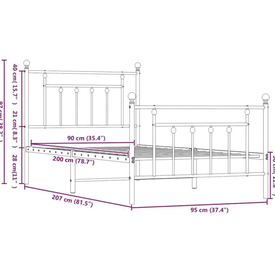 1-Persoons Bedden-vidaXL - Bed frame met hoofd- en voeteneinde - Wit - Metaal - 90x200 cm
