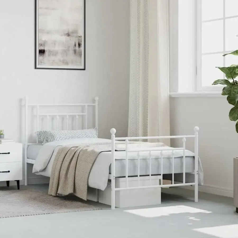 1-Persoons Bedden-vidaXL - Bed frame met hoofd- en voeteneinde - Wit - Metaal - 90x200 cm