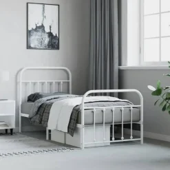 1-Persoons Bedden-vidaXL - Bed frame met hoofd- en voeteneinde - Wit - Metaal - 90x190 cm