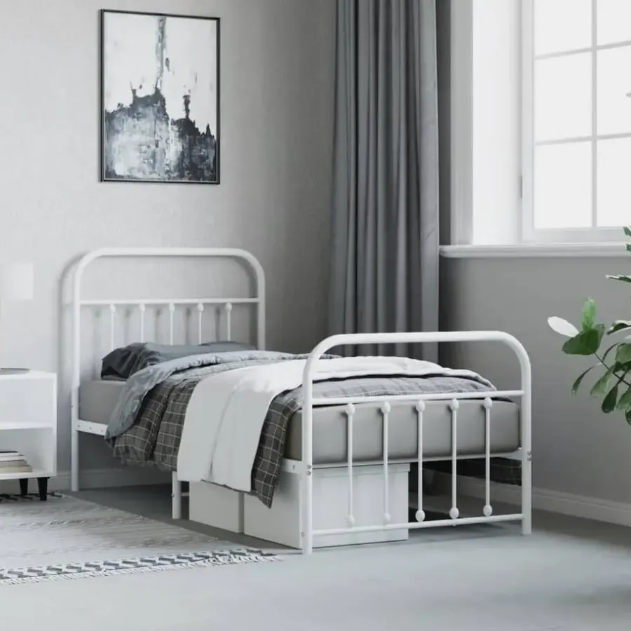 1-Persoons Bedden-vidaXL - Bed frame met hoofd- en voeteneinde - Wit - Metaal - 90x190 cm