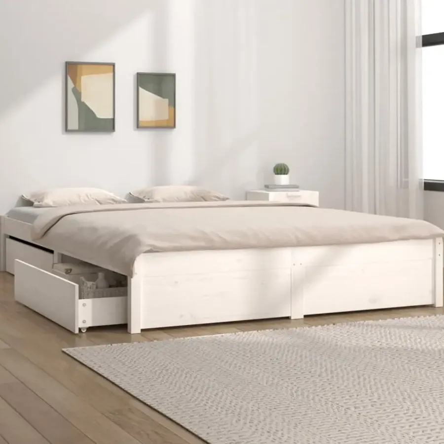 Twijfelaars-vidaXL - Bed frame met lades - Wit - Massief grenenhout - 140x200 cm