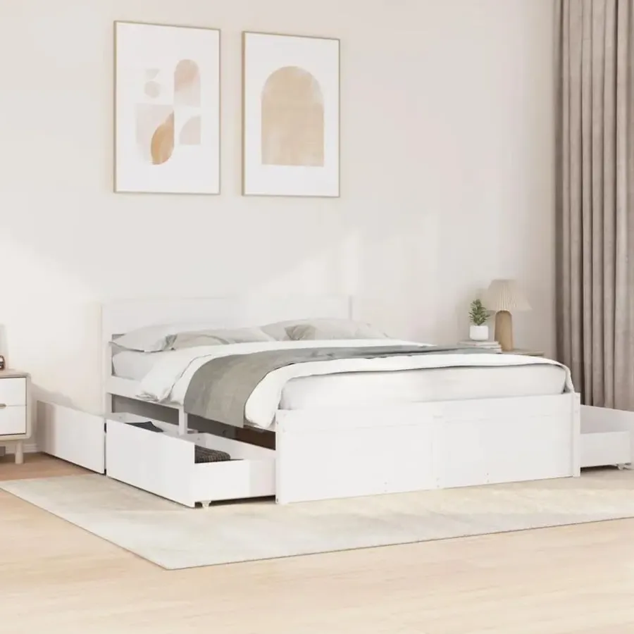 2-Persoons Bedden-vidaXL - Bed met hoofdbord en lades - Wit - Massief grenenhout - 140x200 cm