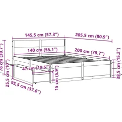 2-Persoons Bedden-vidaXL - Bed met hoofdbord en lades - Wit - Massief grenenhout - 140x200 cm