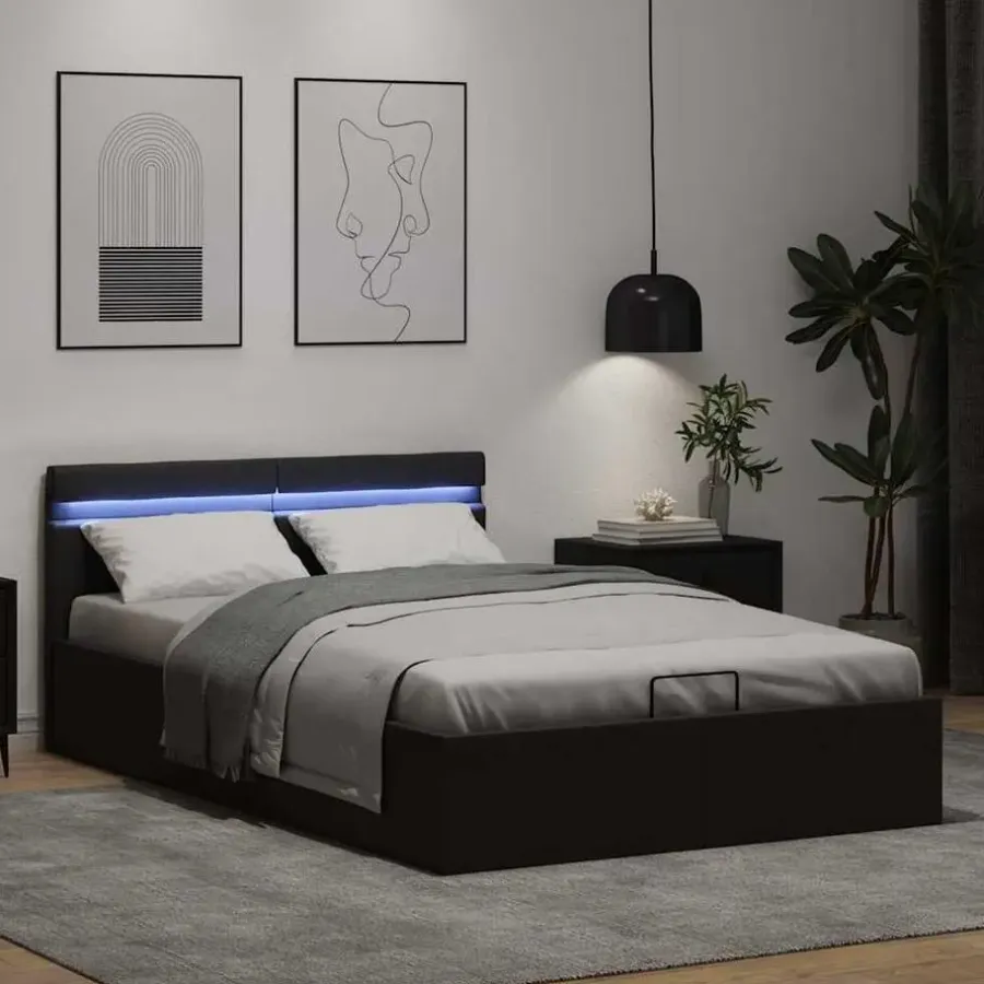 vidaXL - Bed met opbergruimte incl. LED - zwart - Kunstleer - 120x200 cm