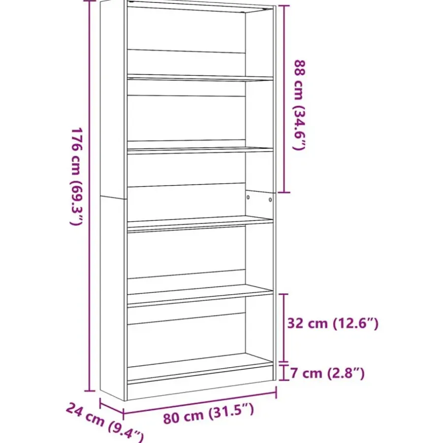 Boekenkasten|Boekenkasten-vidaXL - Boekenkast met 5 vakken - Sonoma eiken - Bewerkt hout - 80x24x176 cm