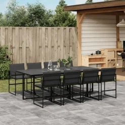 Tuinsets-vidaXL - 9-delige inklapbaar Tuinset gris kussens -Zwart textileen - 220x107 cm