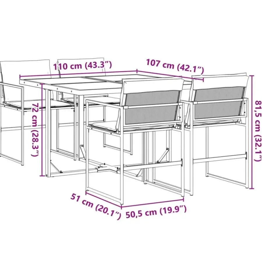 vidaXL - 5-delige inklapbaar Tuinset gris kussens -Zwart textileen - 110x107 cm