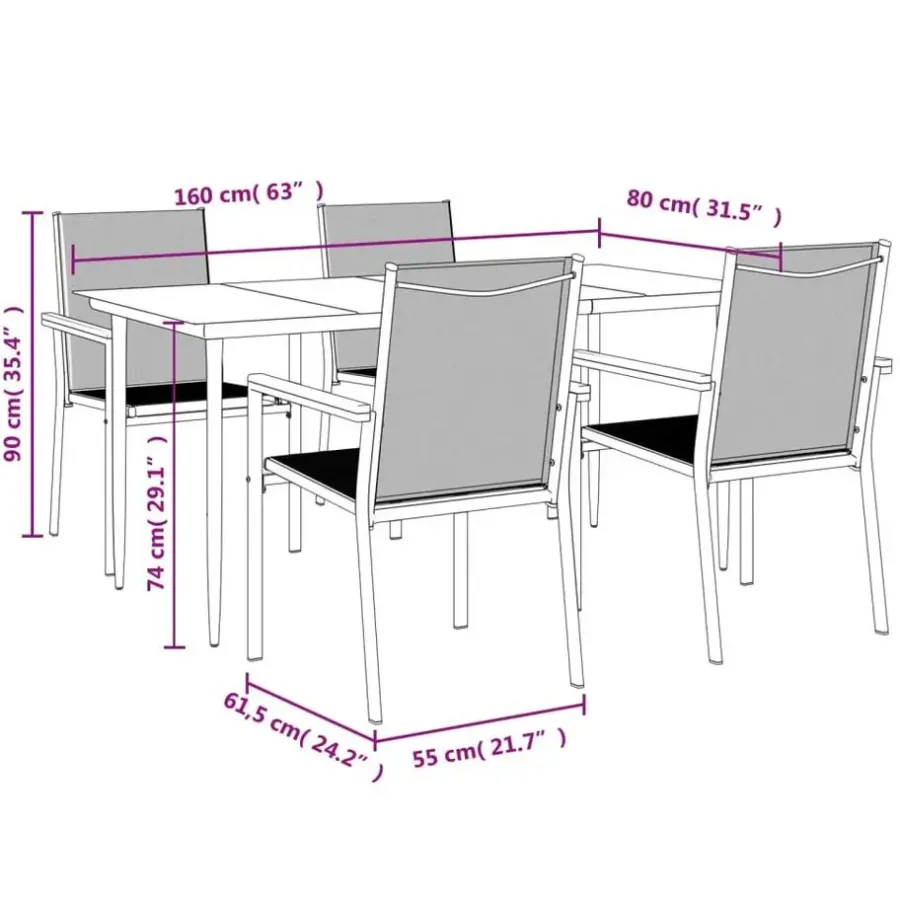 vidaXL - 5-delige Tuinset 4 fauteuils - Zwart - Textileen - 160x80 cm