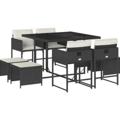 Tuinsets-vidaXL - 9-delige Tuinset 4 krukken wit kussens - Zwart - PE rattan - 110x106 cm