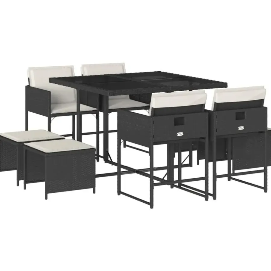 Tuinsets-vidaXL - 9-delige Tuinset 4 krukken wit kussens - Zwart - PE rattan - 110x106 cm