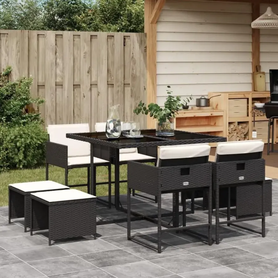 Tuinsets-vidaXL - 9-delige Tuinset 4 krukken wit kussens - Zwart - PE rattan - 110x106 cm