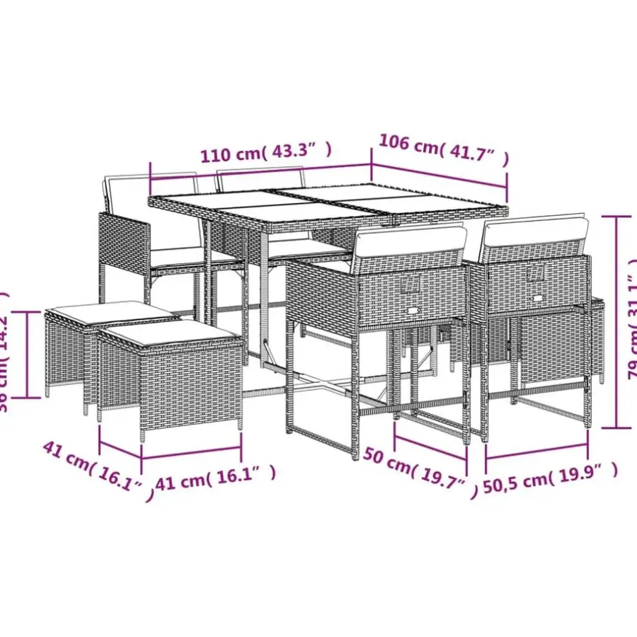 Tuinsets-vidaXL - 9-delige Tuinset 4 krukken wit kussens - Zwart - PE rattan - 110x106 cm
