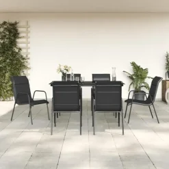 vidaXL - 7-delige Tuinset - Zwart - Textileen en staal - 140x70 cm