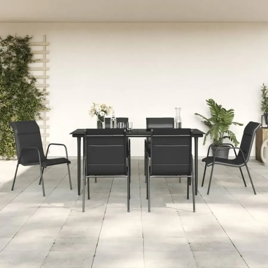 Tuinsets-vidaXL - 7-delige Tuinset - Zwart - Textileen met voering en staal - 160x80 cm