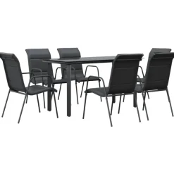 Tuinsets-vidaXL - 7-delige Tuinset - Zwart - Textileen met voering en staal - 140x70 cm