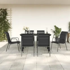 Tuinsets-vidaXL - 7-delige Tuinset - Zwart - Textileen met voering en staal - 140x70 cm