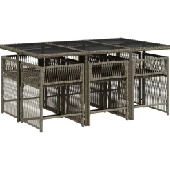 Tuinsets-vidaXL - 7-delige Tuinset donkergrijs kussens - PE rattan en staal - 110x106 cm