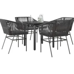 Tuinsets-vidaXL - 5-delige Tuinset grijs kussens - Zwart PE rattan en staal - 80x80 cm