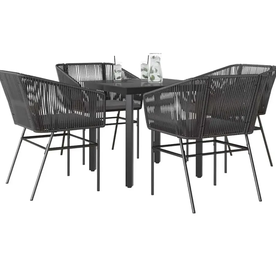 Tuinsets-vidaXL - 5-delige Tuinset grijs kussens - Zwart PE rattan en staal - 80x80 cm