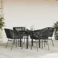 Tuinsets-vidaXL - 5-delige Tuinset grijs kussens - Zwart PE rattan en staal - 80x80 cm