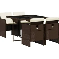 Tuinsets-vidaXL - 5-delige Tuinset met wit kussens - Bruin - Poly rattan - 110x106 cm
