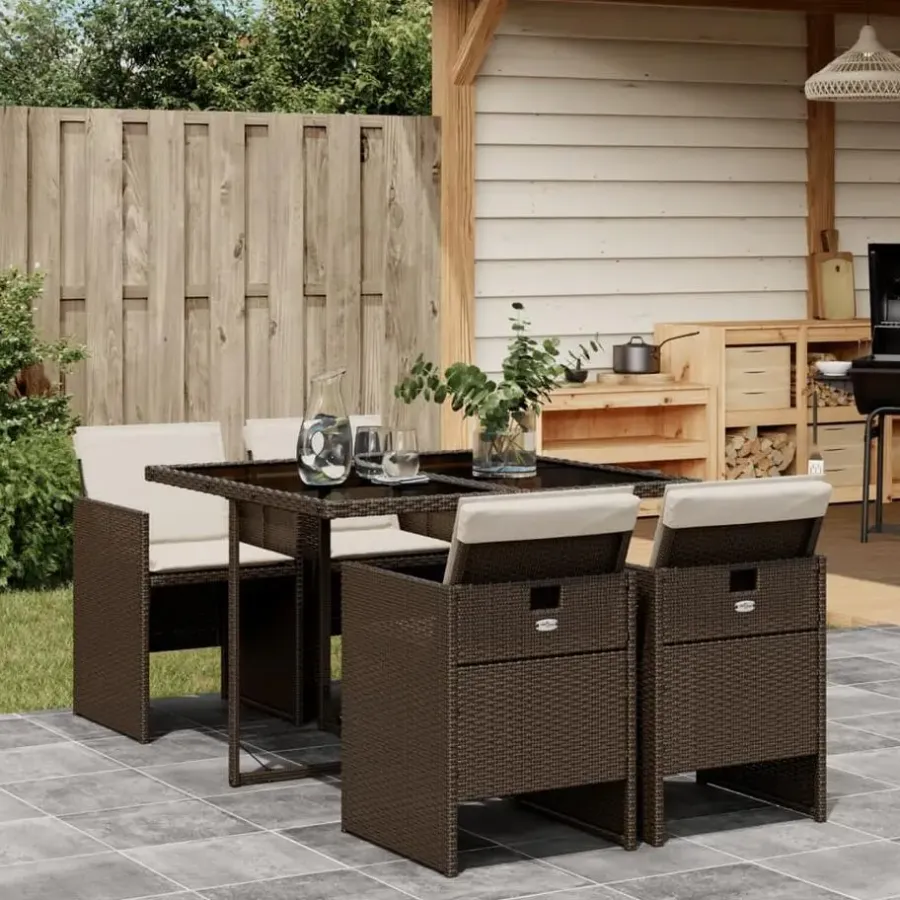 Tuinsets-vidaXL - 5-delige Tuinset met wit kussens - Bruin - Poly rattan - 110x106 cm