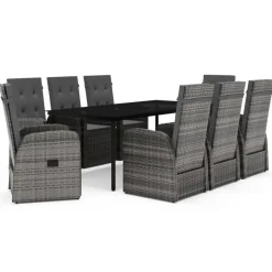 vidaXL - 9-delige Tuinset met kussens 8 grijs verstelbaar stoelen - 200x100 cm