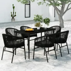 Tuinsets-vidaXL - 7-delige Tuinset met kussens - Zwart PVC-rattan en staal - 140x70 cm