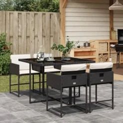 Tuinsets-vidaXL - 5-delige Tuinset wit kussens - Zwart - PE rattan en glas - 110x106 cm