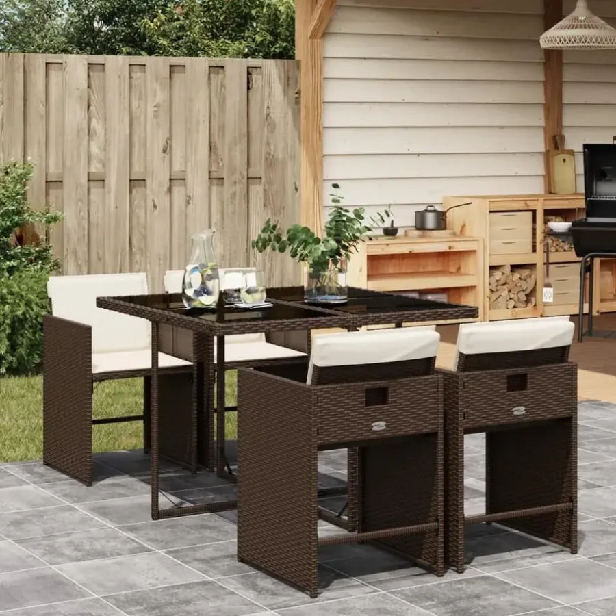 Tuinsets-vidaXL - 5-delige Tuinset wit kussens - Bruin poly rattan en staal - 110x106 cm